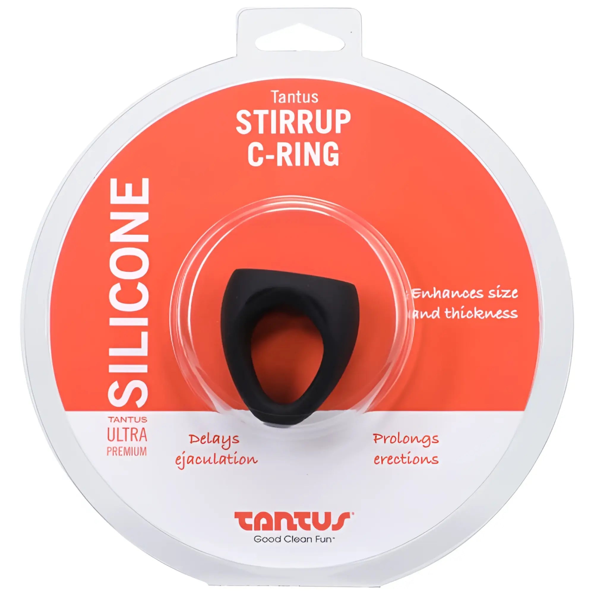 Tantus stirrup silicone cock ring in black c-ring design in clear packaging with orange and white label