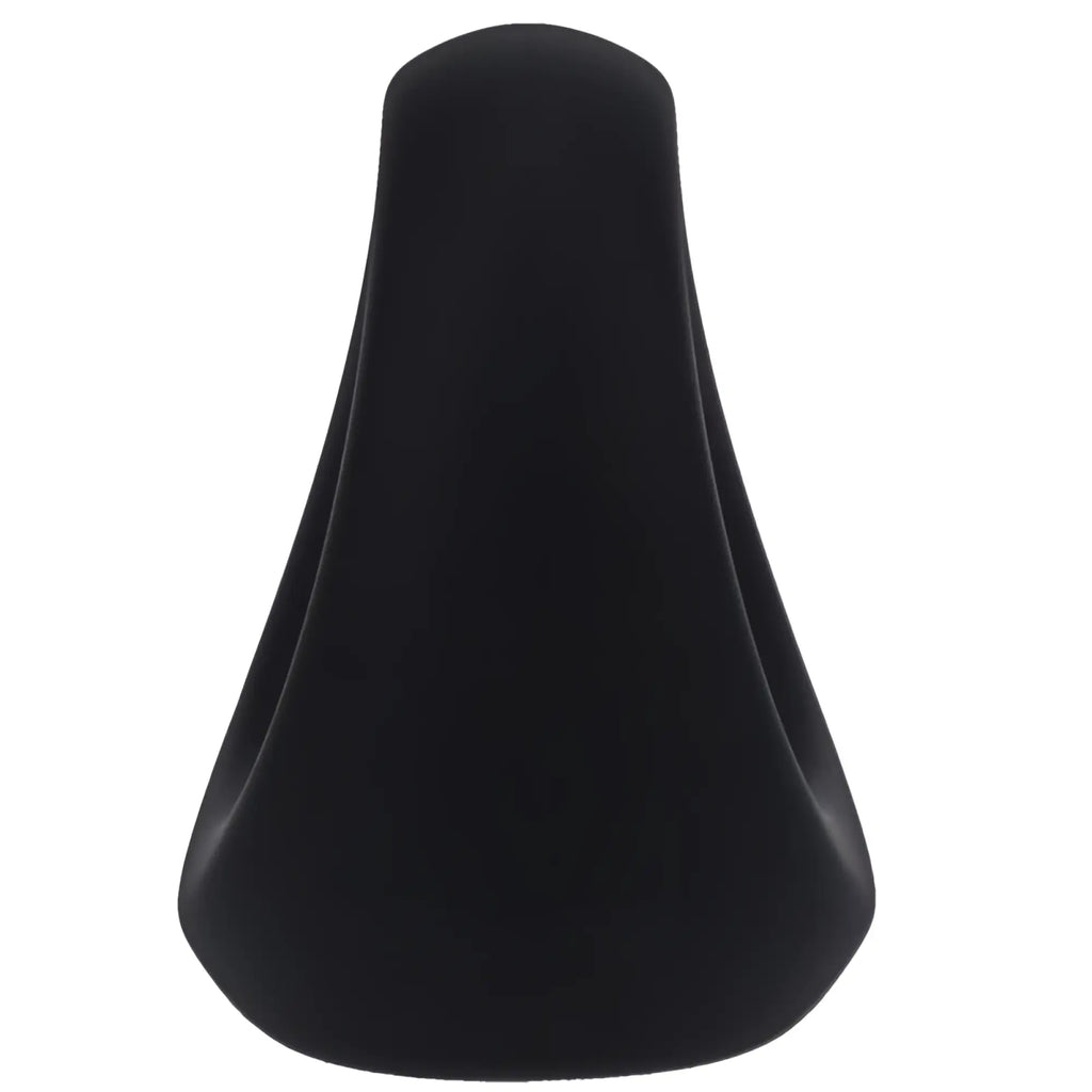 Black sleek bicycle saddle with smooth matte finish and ergonomic contours shown from the back side for Tantus stirrup silicone cock ring onyx