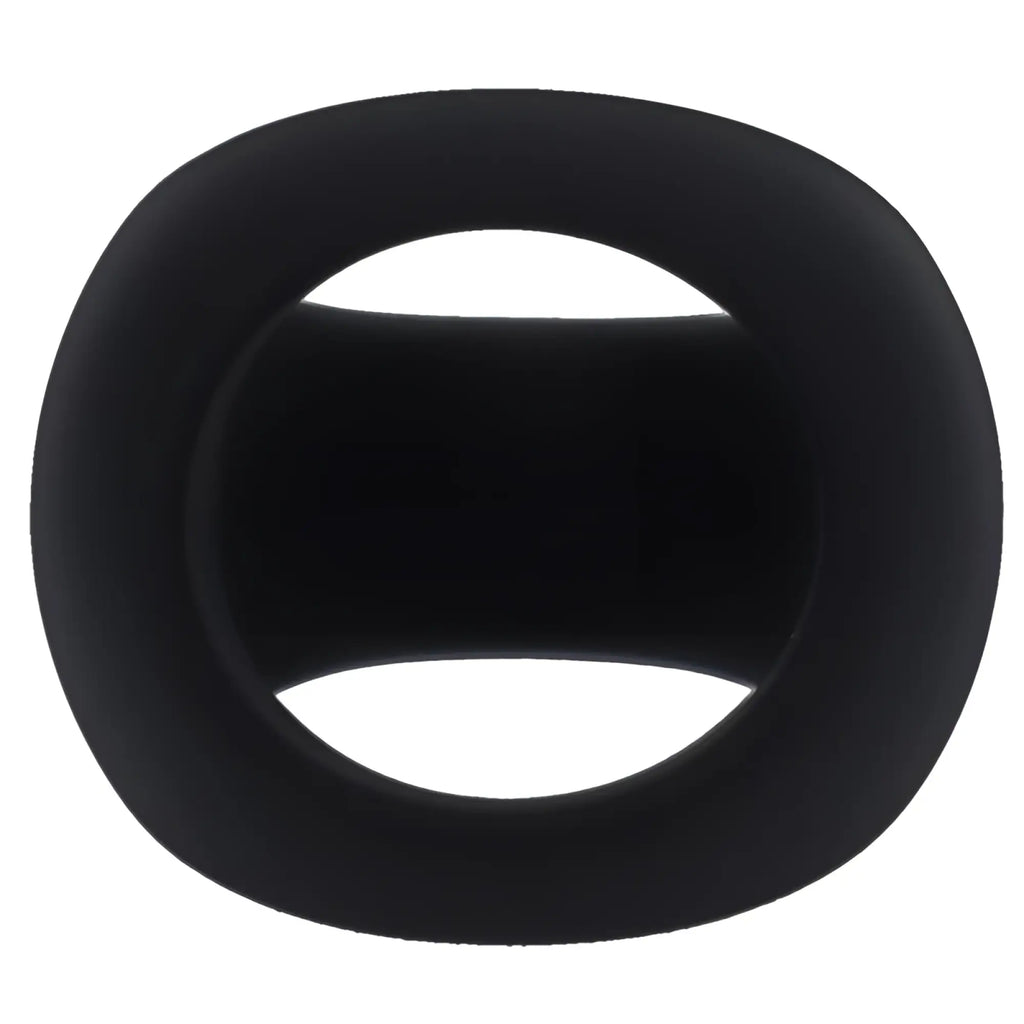 Black silicone cock ring with smooth rounded rectangular shape and central opening tantus stirrup onyx model