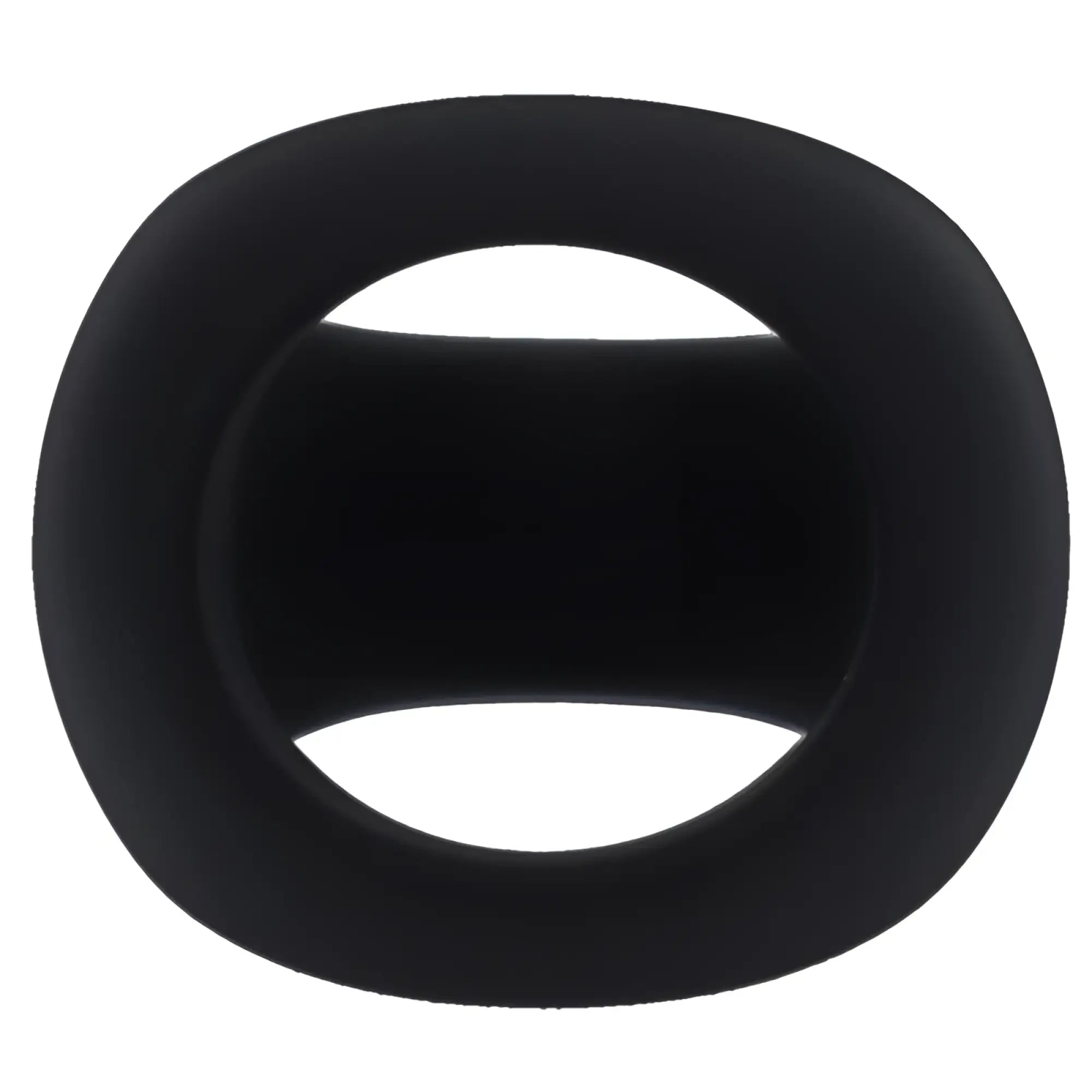 Black silicone cock ring with smooth rounded rectangular shape and central opening tantus stirrup onyx model
