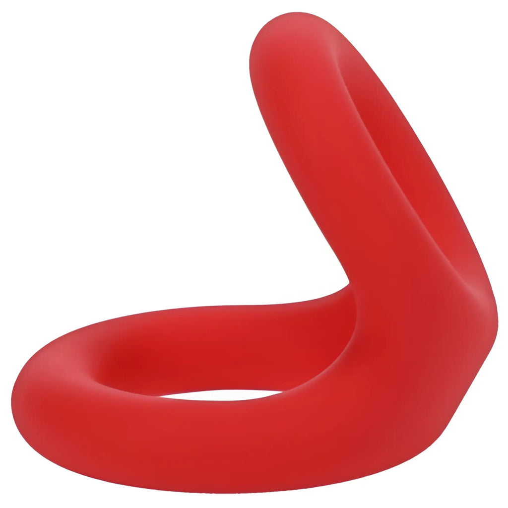 Red silicone cock ring with a curved ergonomic design by Tantus in crimson for enhanced comfort and fit