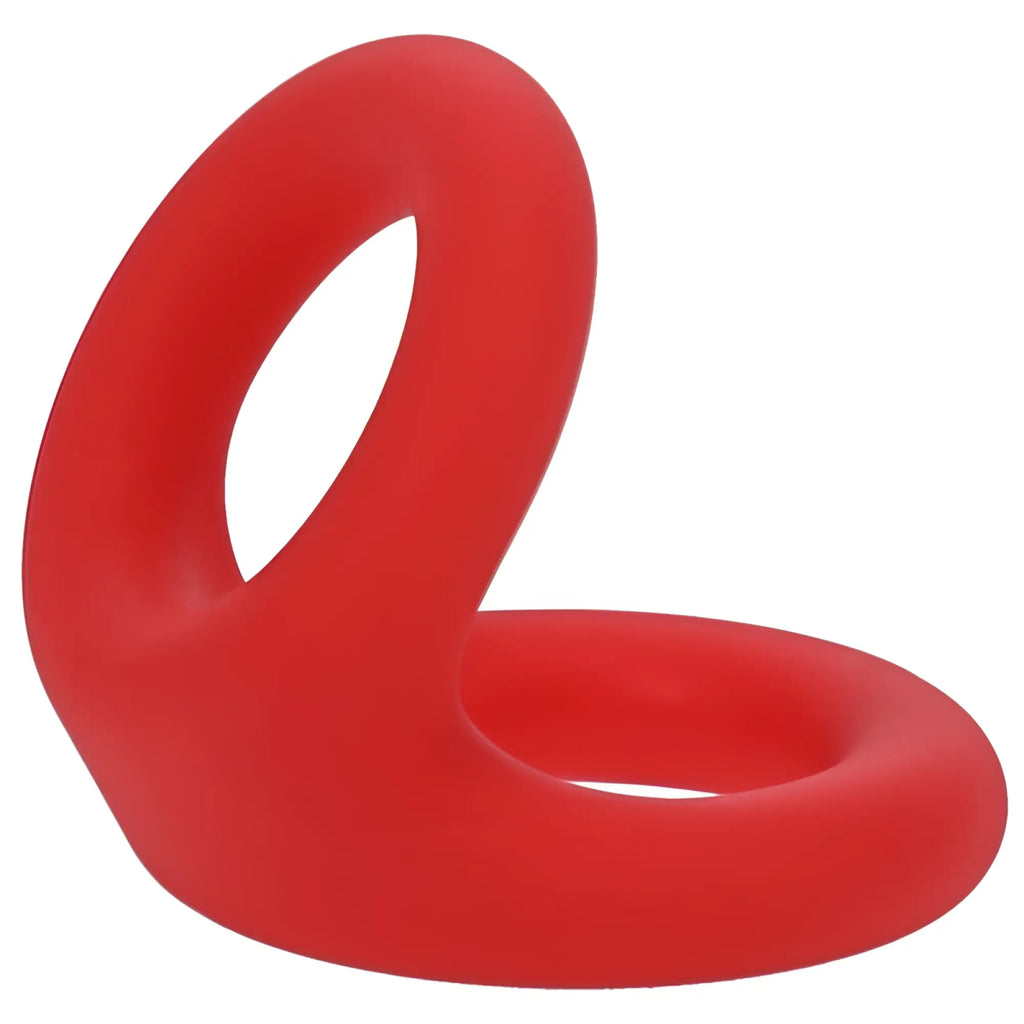 Red silicone double ring cock ring for adult use by Tantus in crimson designed for uplift and comfort