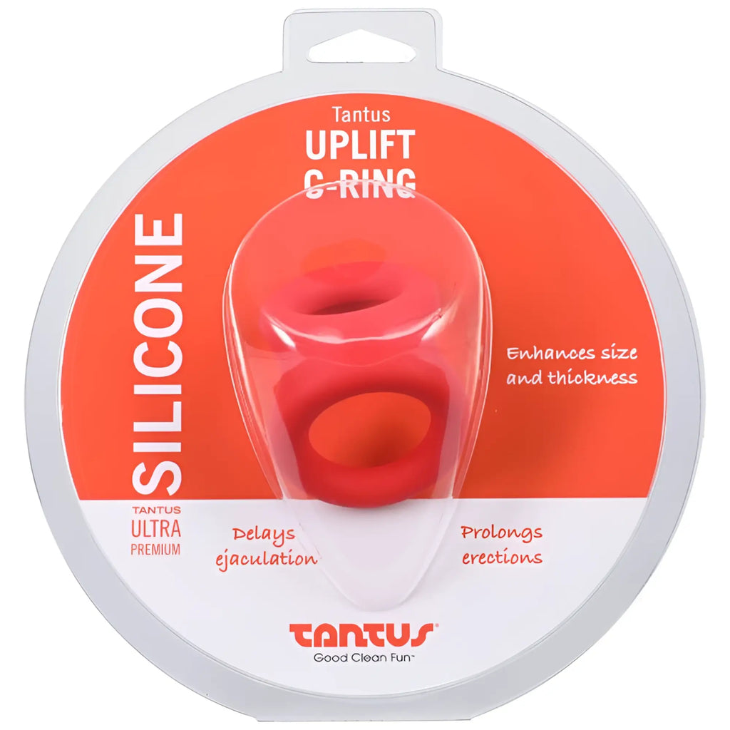 Red silicone tantus uplift g-ring in crimson packaging designed for comfortable intimate use