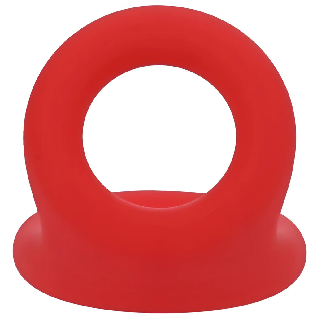 Red silicone cock ring with rounded smooth surface and central hole by tantus uplift in crimson