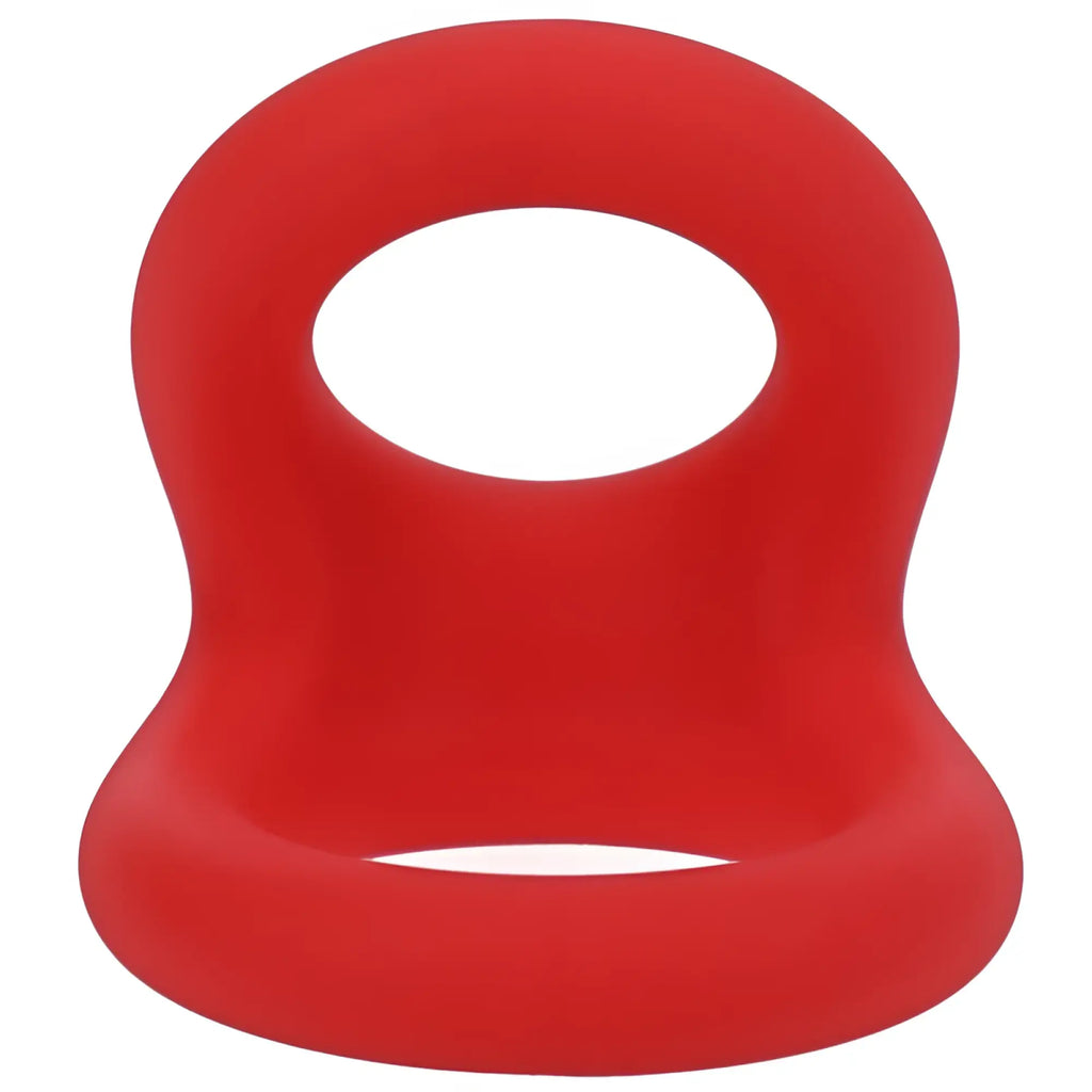 Red silicone cock ring with smooth rounded design and oval opening tantus uplift silicone cock ring crimson