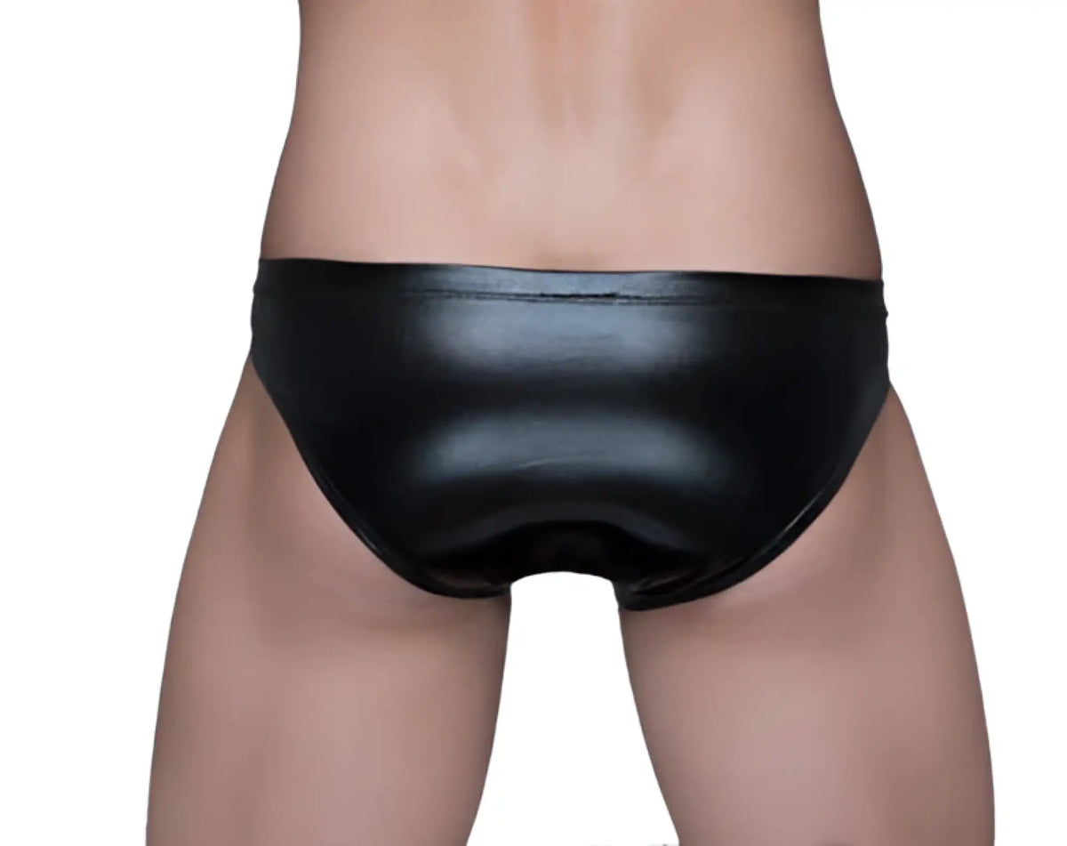 Black shiny leather briefs with coated finish from Tartarus Coated Brief collection shown from the front side