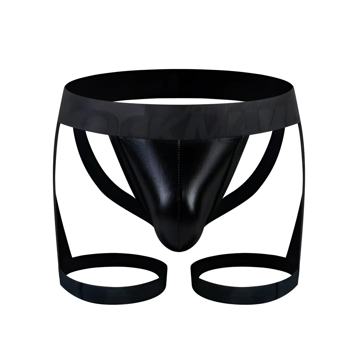 Black patent leather TARTARUS coated jock harness thong with wide waistband and two circular leg straps