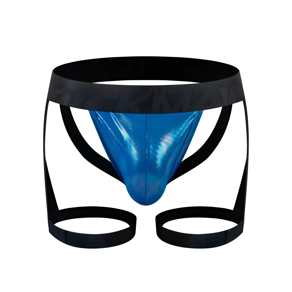 Blue metallic tartarus coated jock harness briefs with black elastic waistband and leg straps