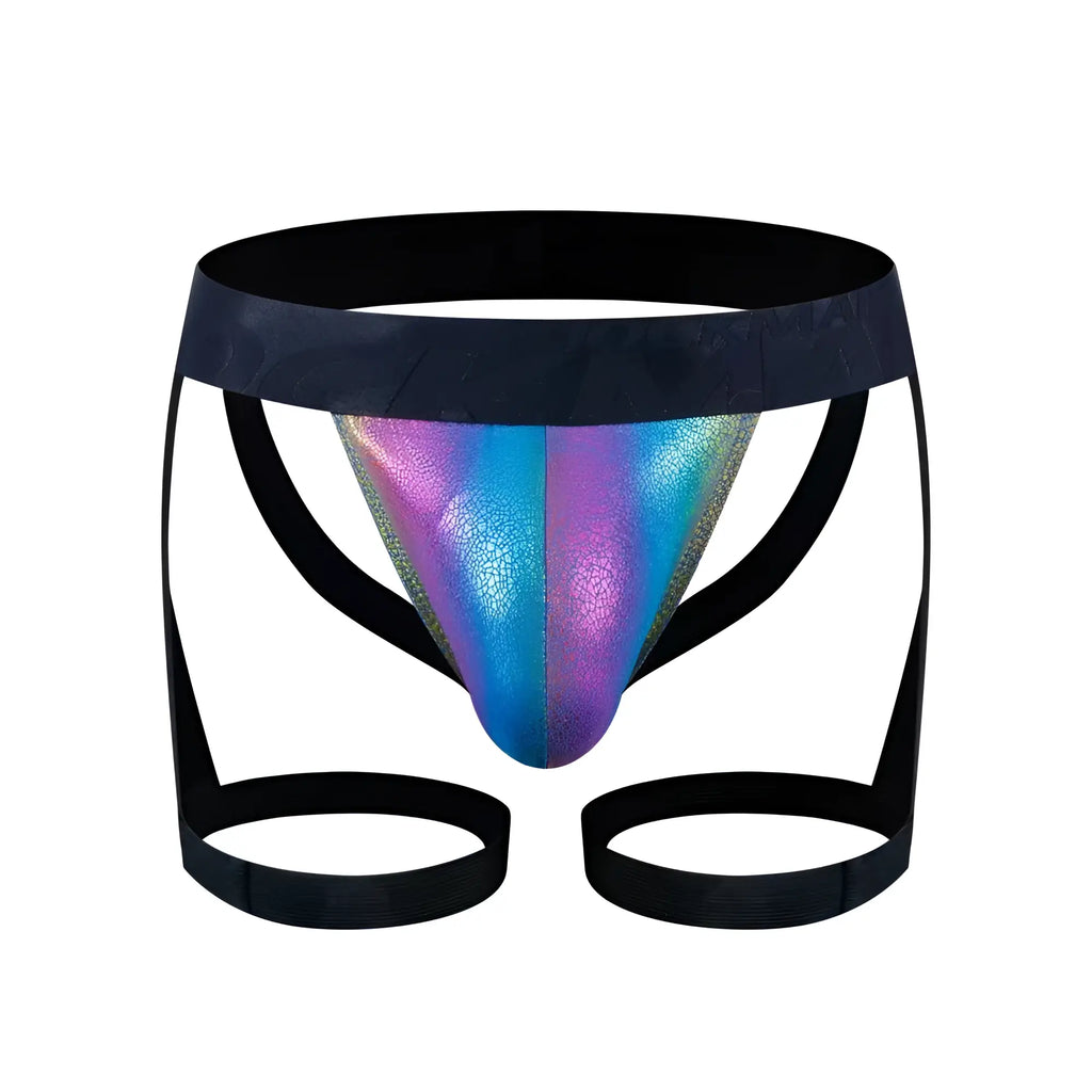 Iridescent holographic tartarus coated jock harness briefs with black elastic waistband and leg straps visible from the back