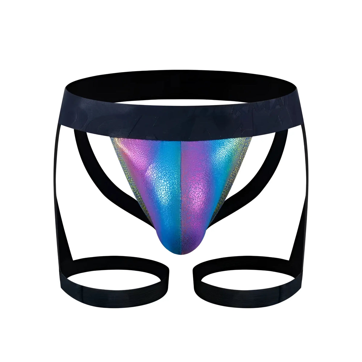 Iridescent holographic tartarus coated jock harness briefs with black elastic waistband and leg straps visible from the back