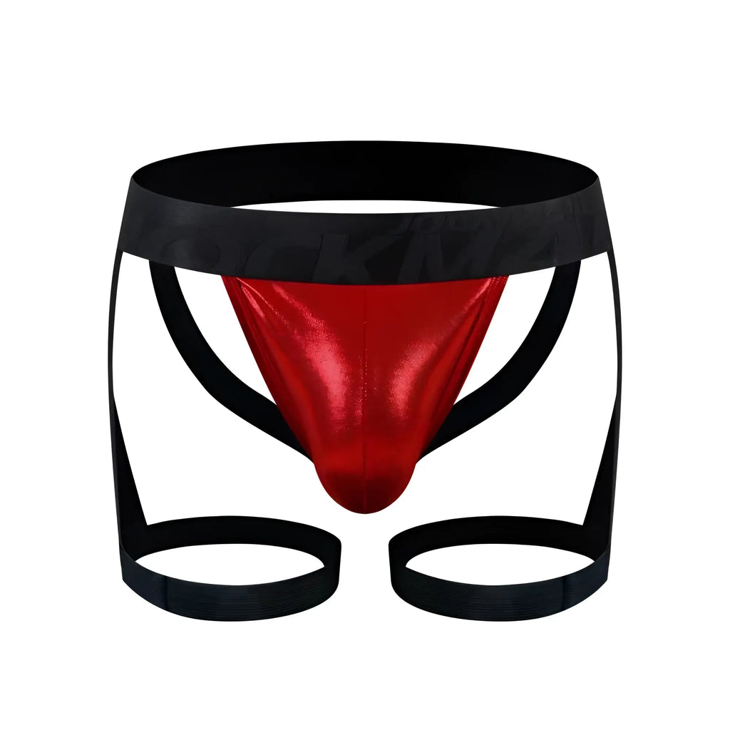 Red metallic briefs with black elastic waistband and leg straps in tartarus coated jock harness design