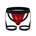 Red metallic briefs with black elastic waistband and leg straps in tartarus coated jock harness design