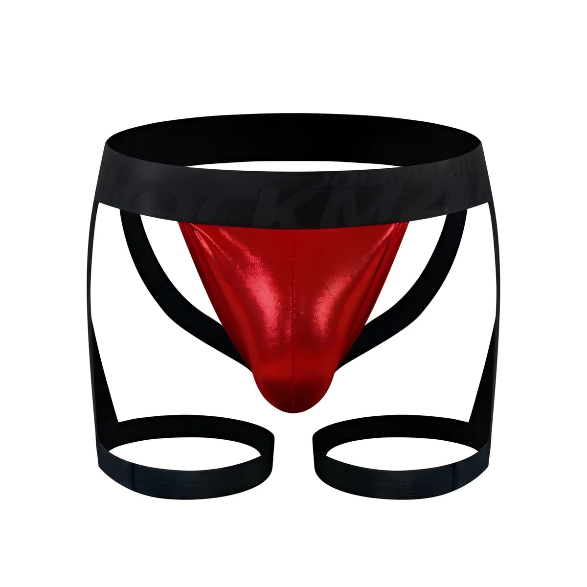 Red metallic briefs with black elastic waistband and leg straps in tartarus coated jock harness design