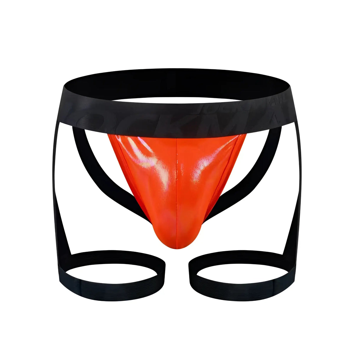 Vibrant orange tartarus coated jock harness with patent leather thong and black elastic waistband and leg straps