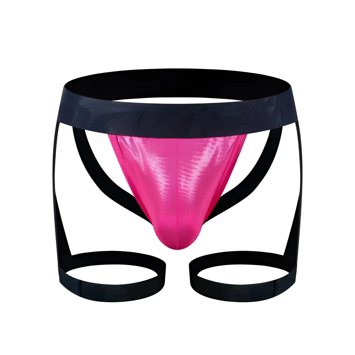 Vibrant pink metallic fabric tartarus coated jock harness briefs with black elastic waistband and leg straps
