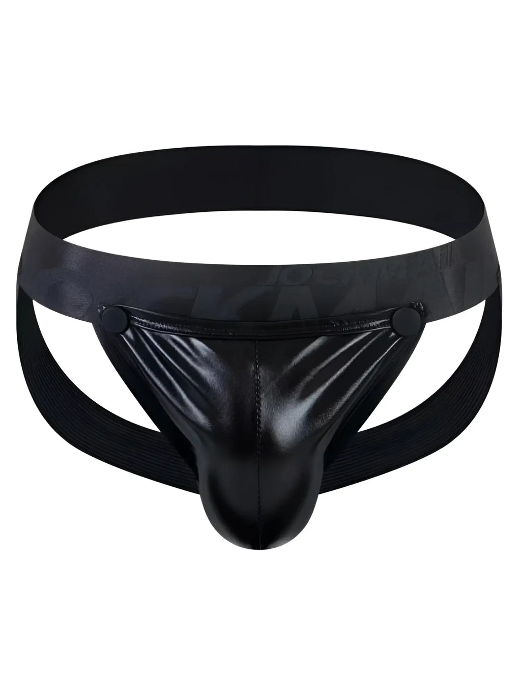 Black patent leather tartarus coated jockstrap with wide elastic waistband and side straps shown from the back