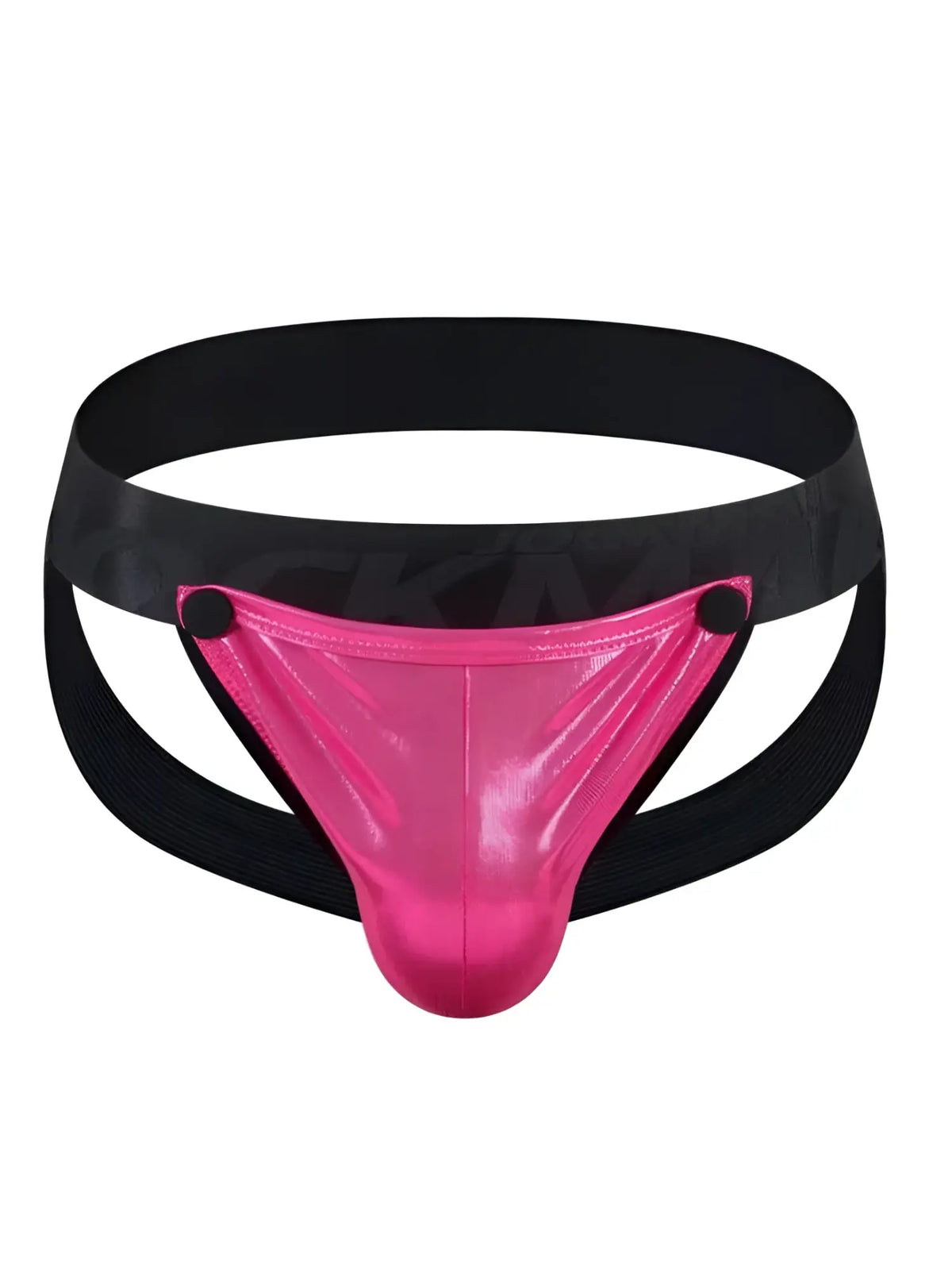 Tartarus coated jockstrap in bright pink metallic with black elastic waistband and side straps front view
