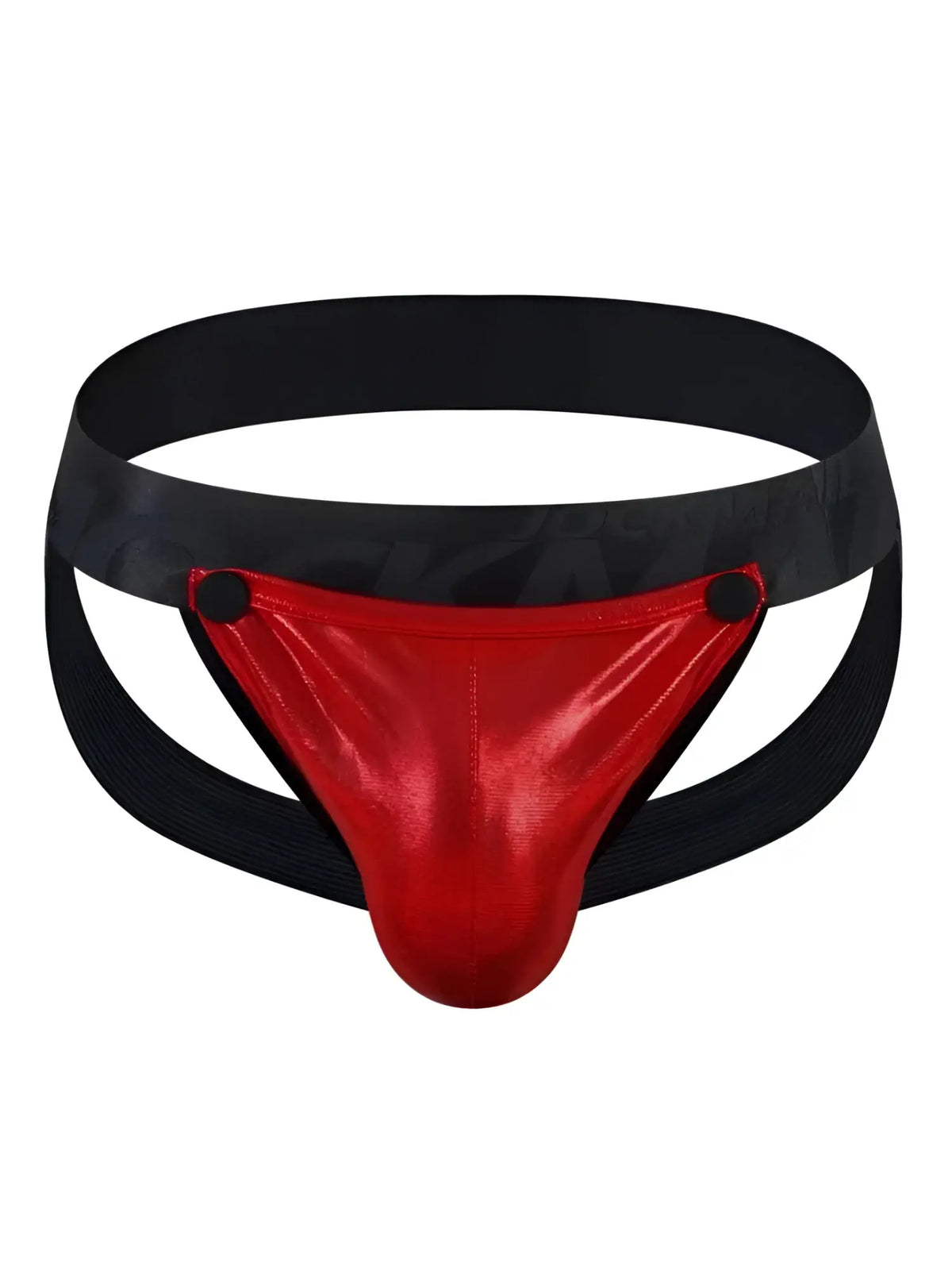 Red metallic tartarus coated jockstrap briefs with black elastic waistband and side straps for support