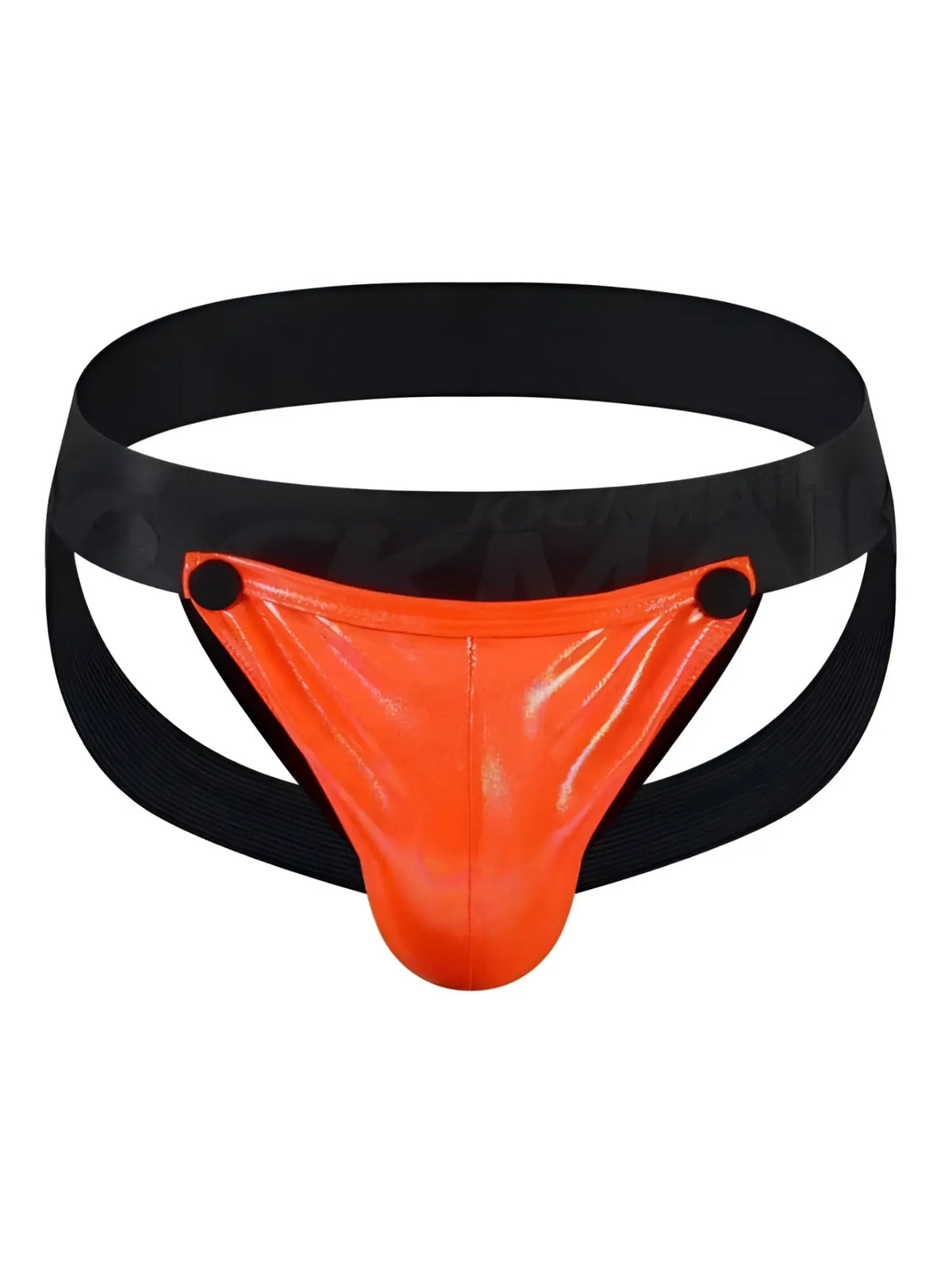 Tartarus coated jockstrap in vibrant orange patent leather with black elastic waistband and side straps