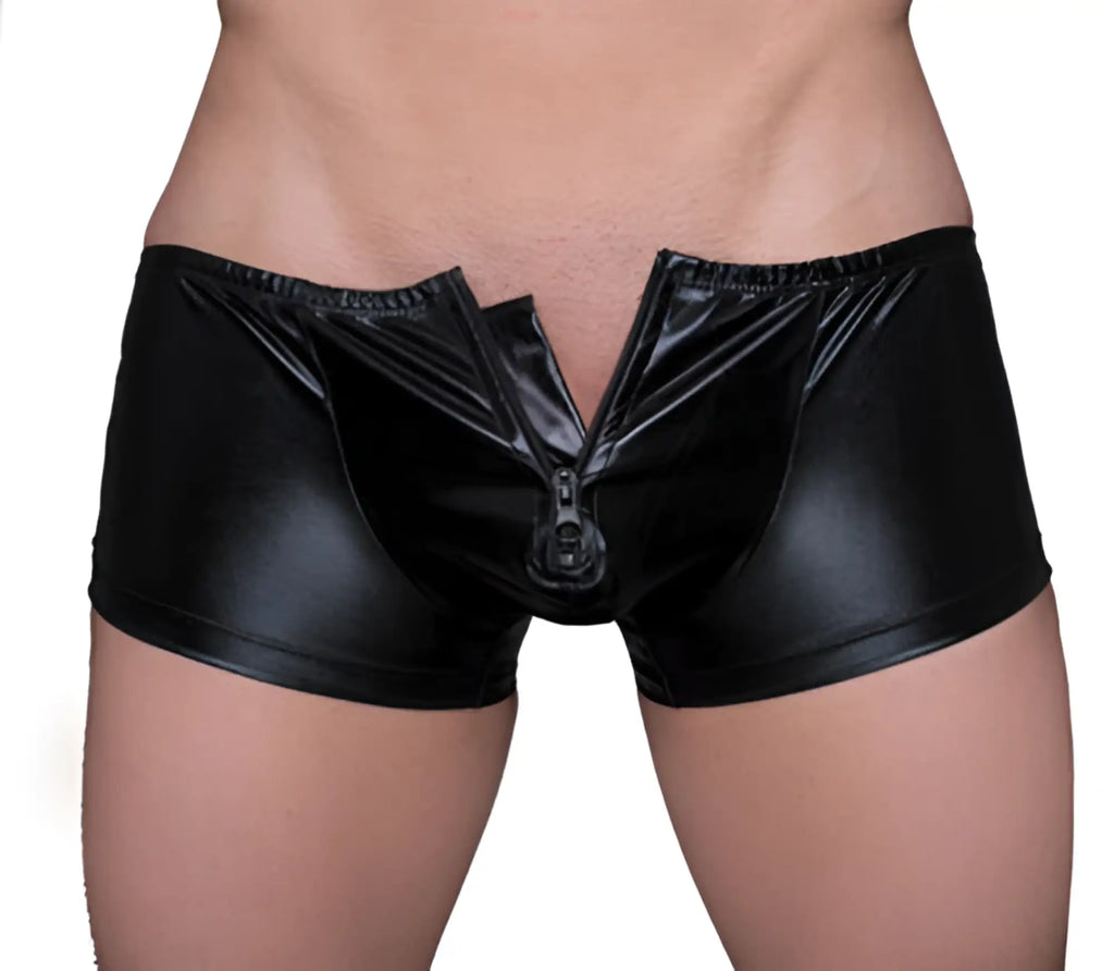 Black patent leather briefs tartarus coated trunk with a central front zipper for bold stylish wear