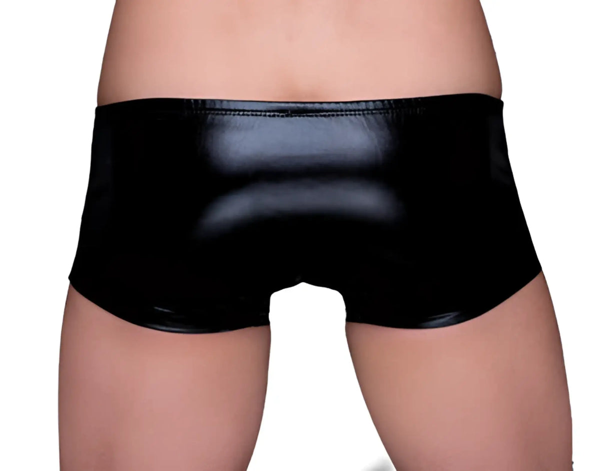 Black patent leather briefs with a sleek glossy finish tartarus coated trunk design