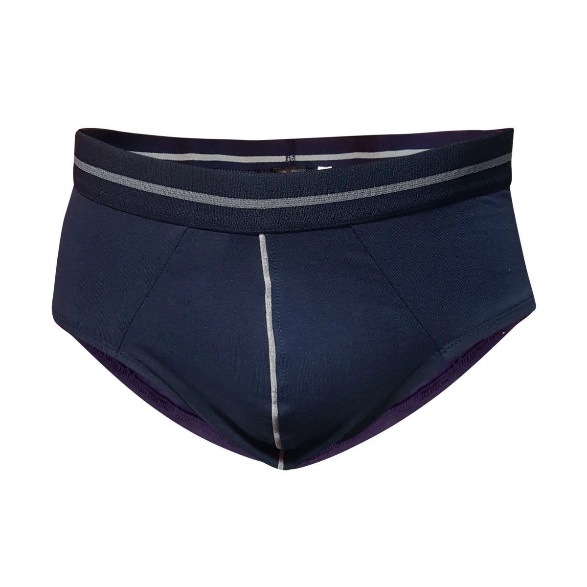 Dark navy tartarus cotton brief with textured fabric gray-striped waistband and subtle silver stitching on center seam
