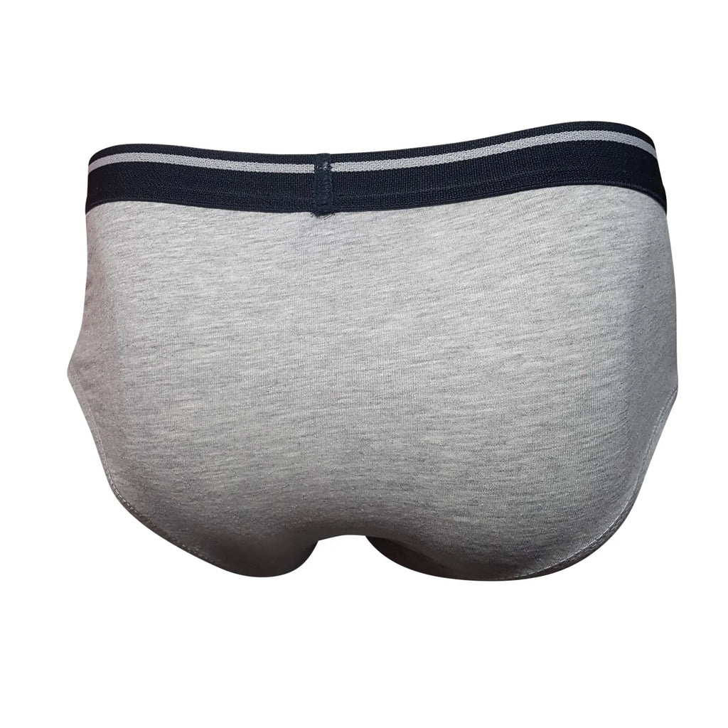 Tartarus cotton brief in gray heathered fabric with a navy blue waistband featuring two thin white stripes