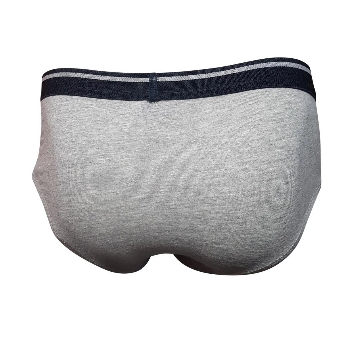 Tartarus cotton brief in gray heathered fabric with a navy blue waistband featuring two thin white stripes