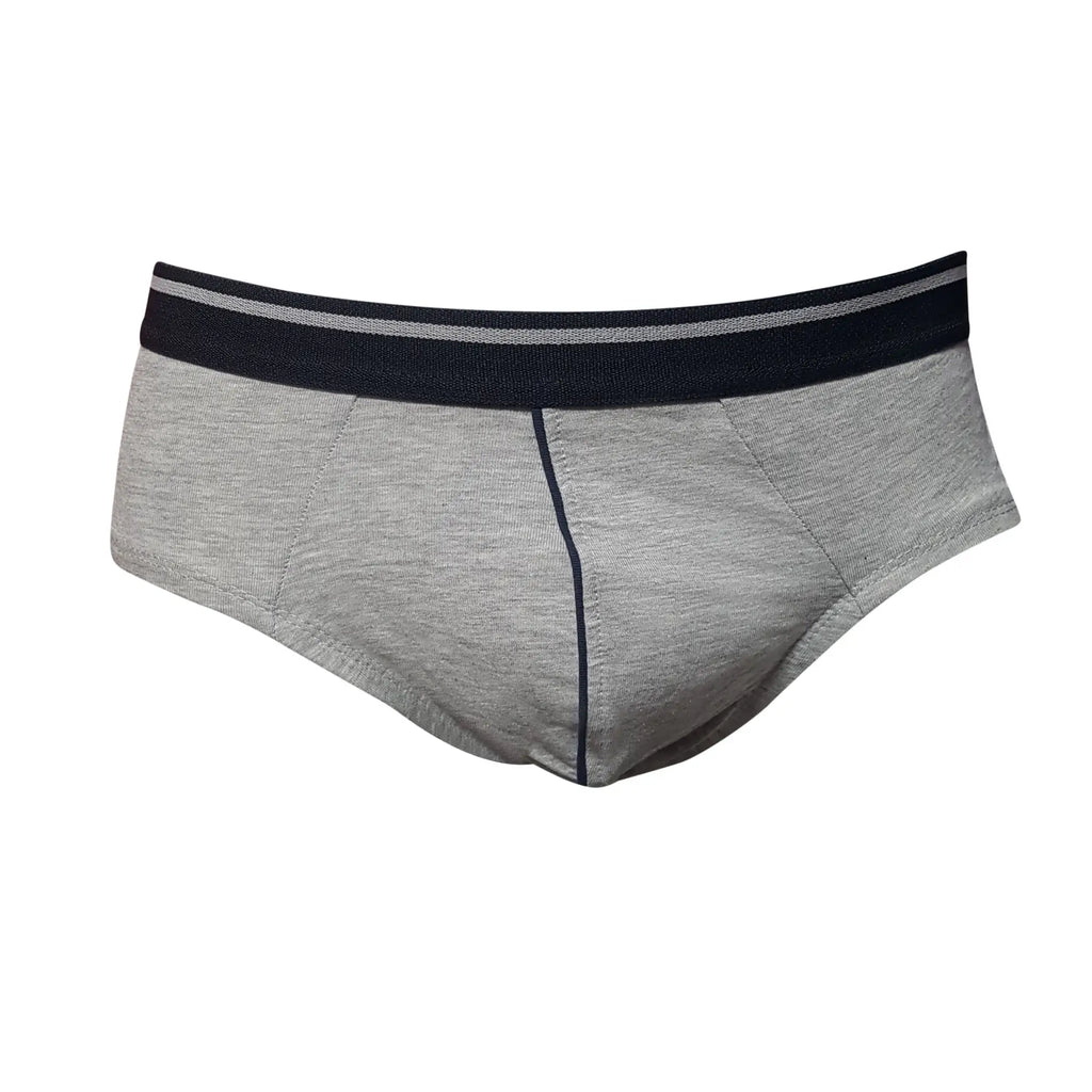 Gray heathered tartarus cotton briefs with navy blue waistband and matching navy center seam stitching front view