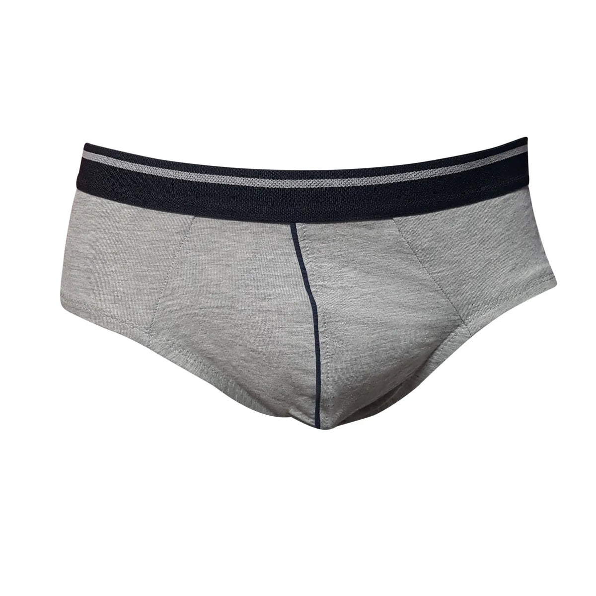 Gray heathered tartarus cotton briefs with navy blue waistband and matching navy center seam stitching front view