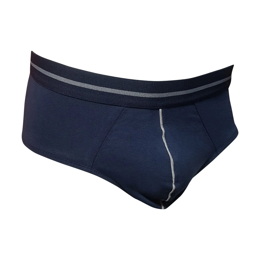 Navy blue tartarus cotton brief with gray striped waistband and matching seam stitching front view