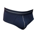 Navy blue tartarus cotton brief with gray striped waistband and matching seam stitching front view