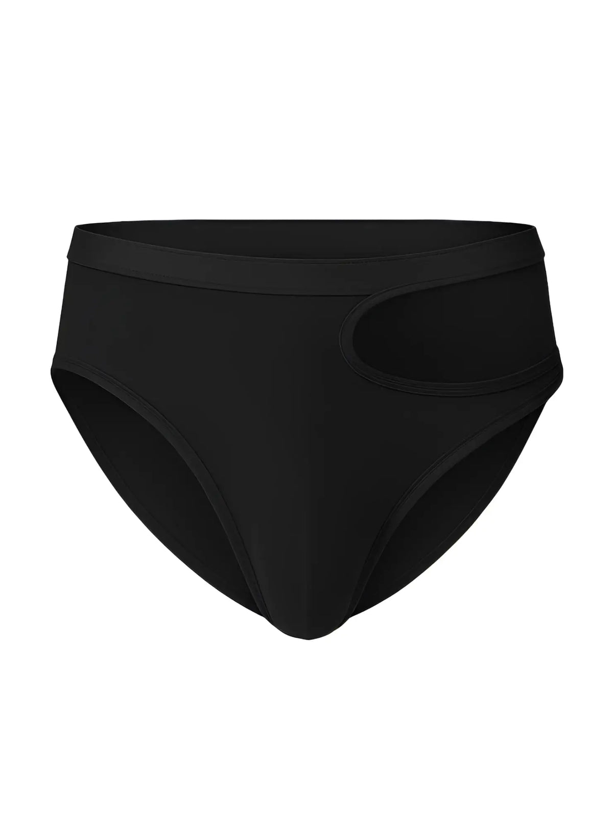 Black high-waisted tartarus cut out brief bikini bottom with sleek smooth fabric and distinctive side cutout