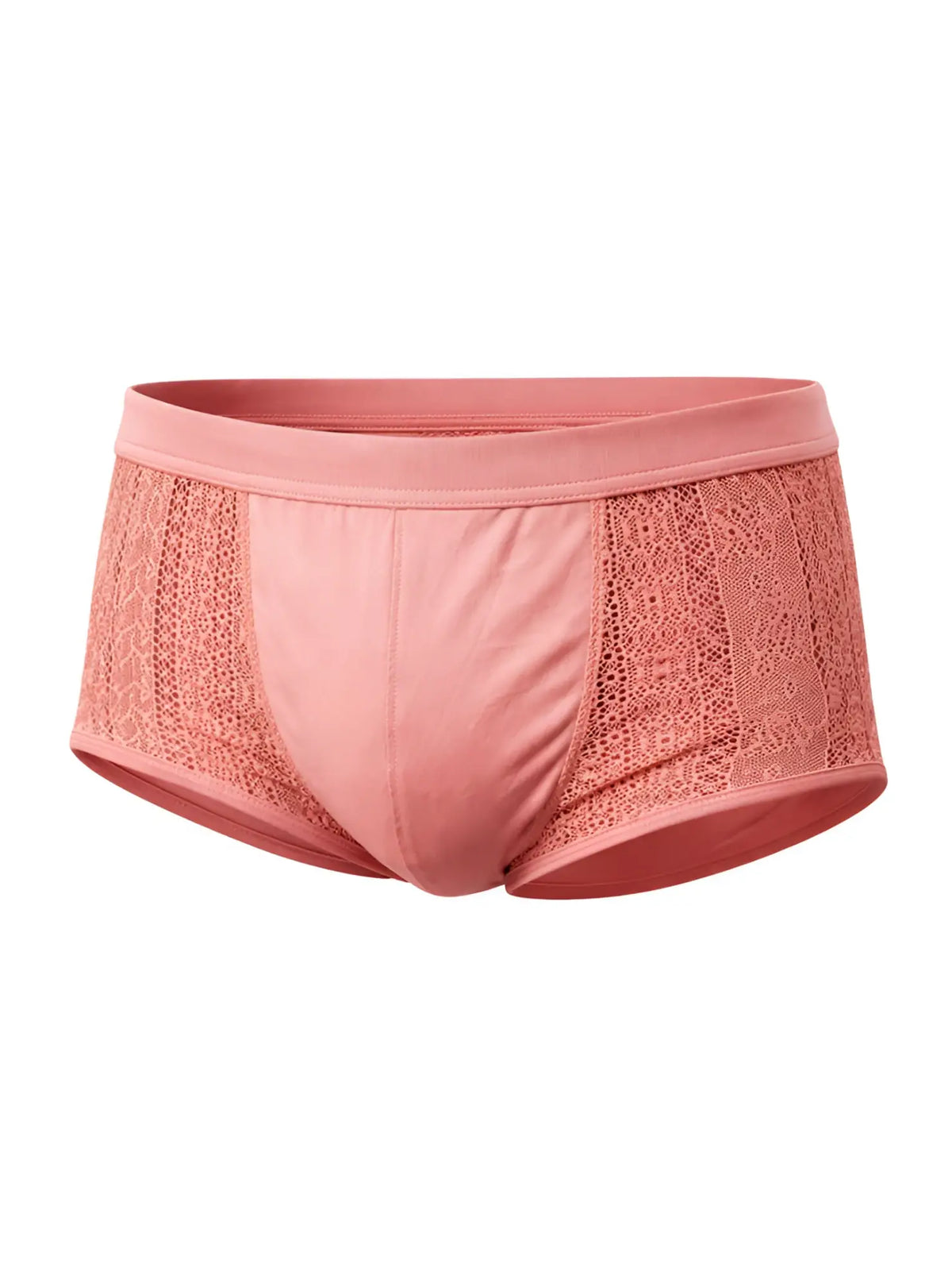 Pink tartarus lace boyshort briefs with lace trim and a smooth satin-like center panel for comfortable wear