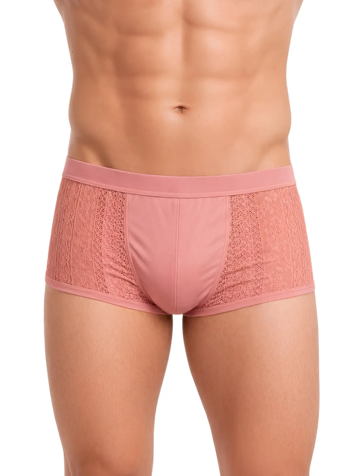 Pink tartarus lace boyshort briefs with lace trim, smooth solid fabric center, and elastic waistband
