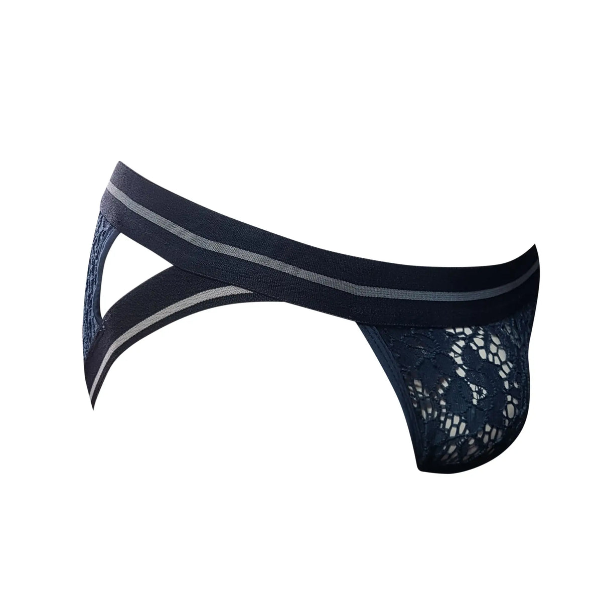 Dark blue tartarus lace brief with supportive elastic waistband accented by two thin gray stripes