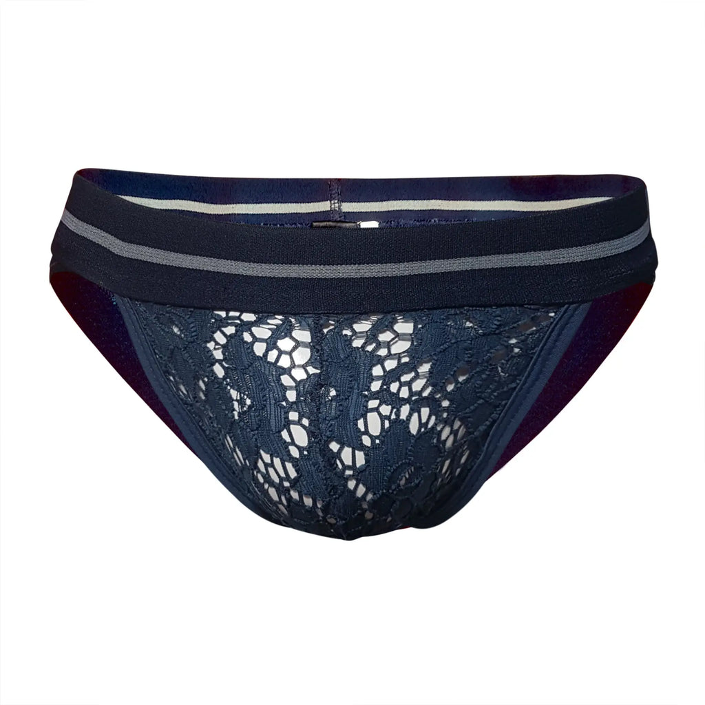 Dark navy tartarus lace brief with striped elastic waistband featuring delicate lace material and stylish design