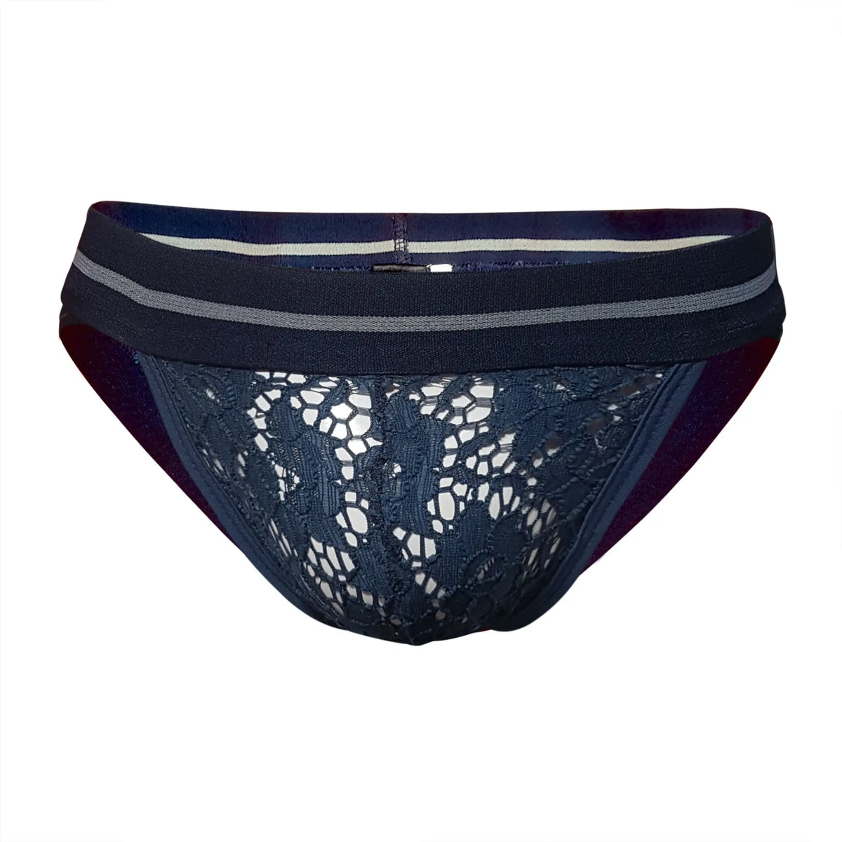 Dark navy tartarus lace brief with striped elastic waistband featuring delicate lace material and stylish design