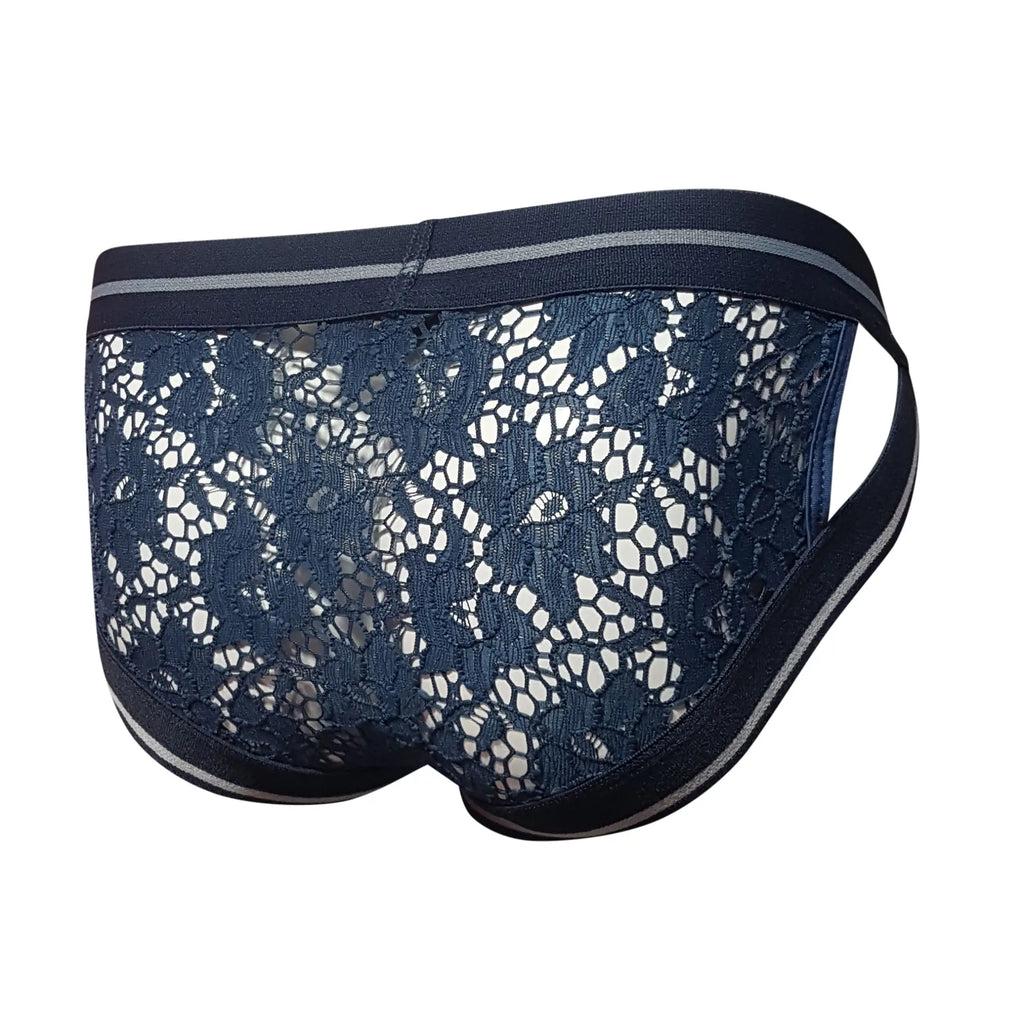 Navy blue tartarus lace brief with delicate floral pattern and contrasting gray trim on waistband and leg openings