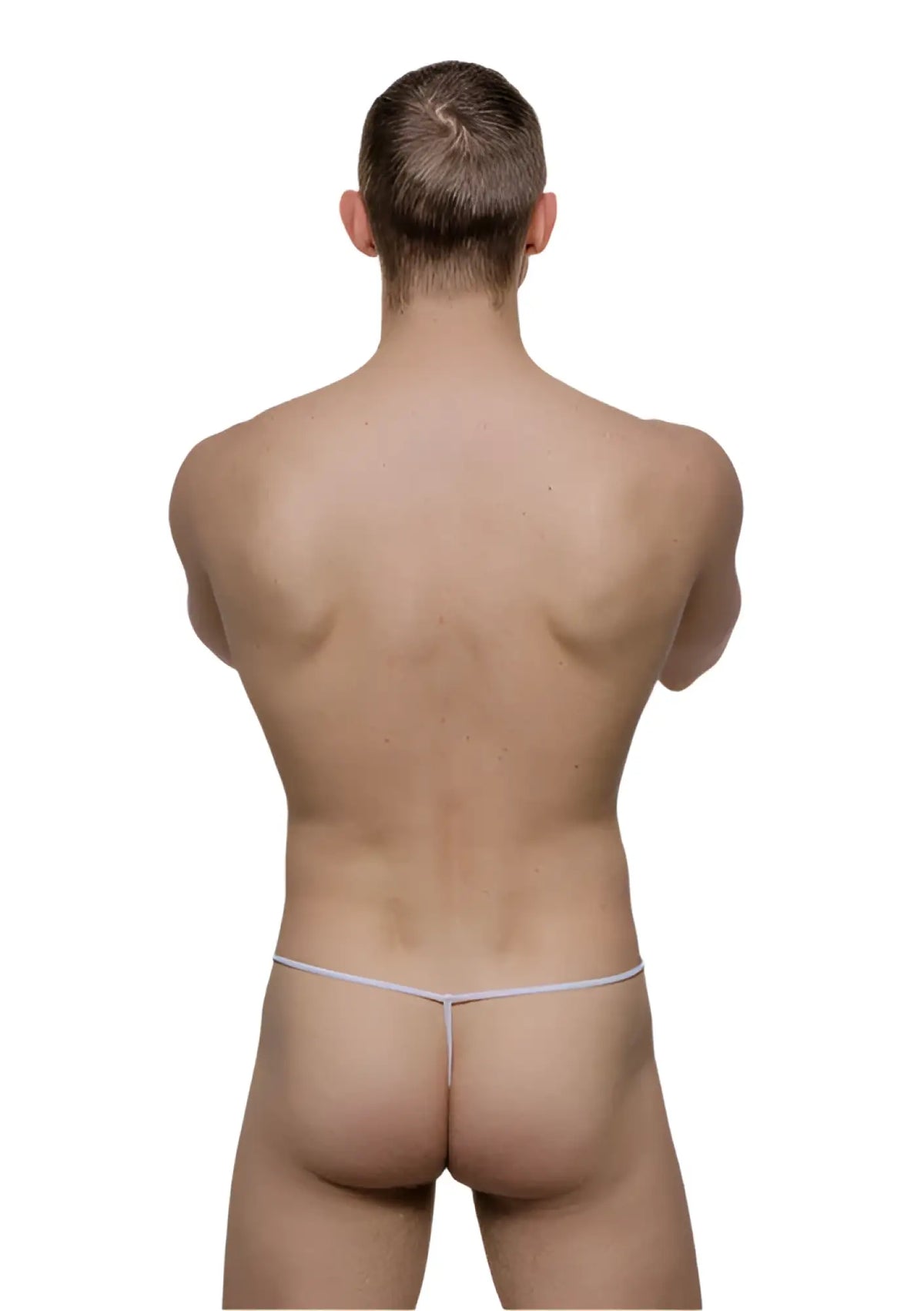 White tartarus mesh thong with a thin seamless fabric band shown from the back side for a comfortable fit