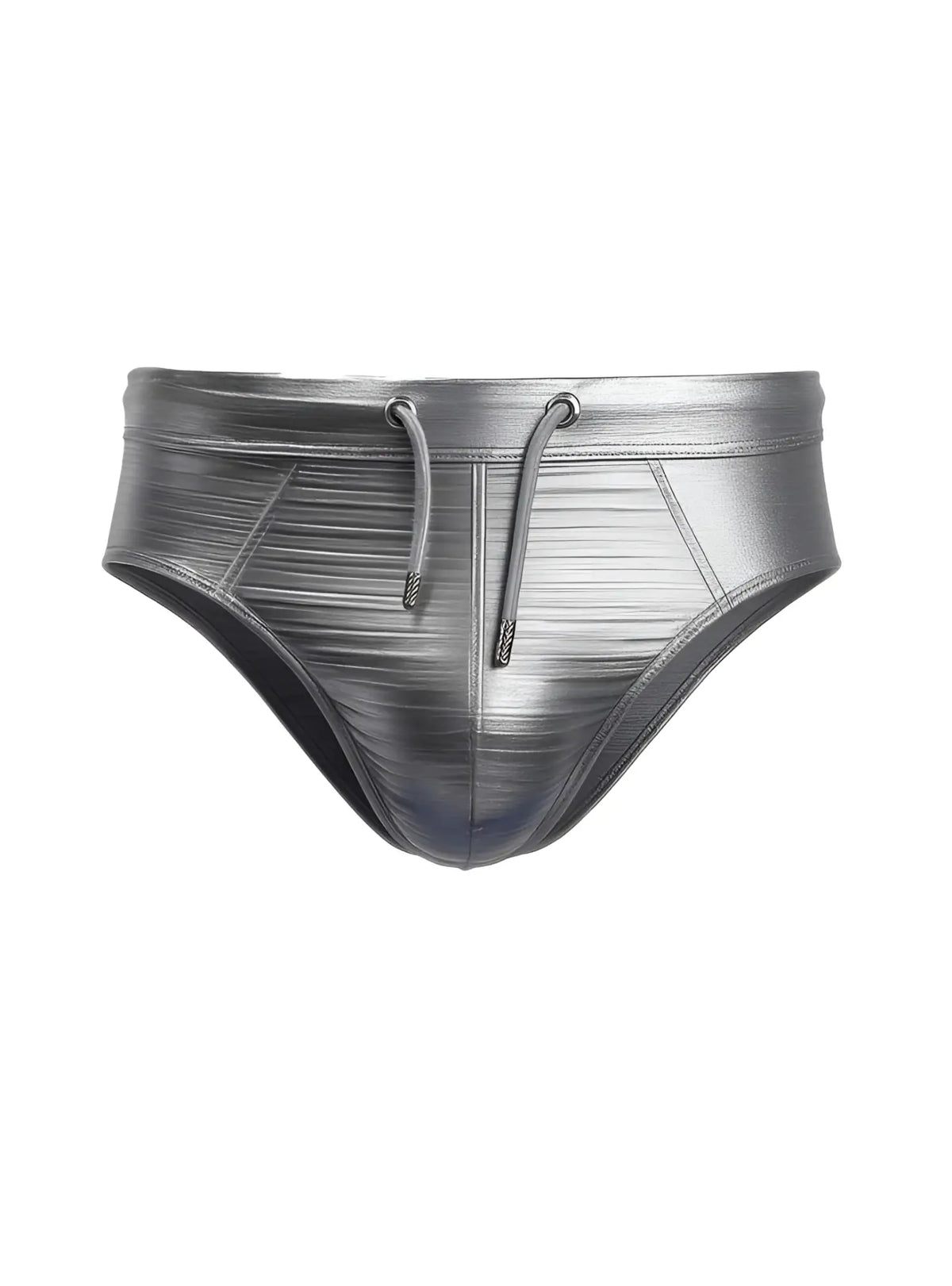Tartarus metallic brief shiny metallic silver swim trunks with textured ribbed pattern and matching drawstrings