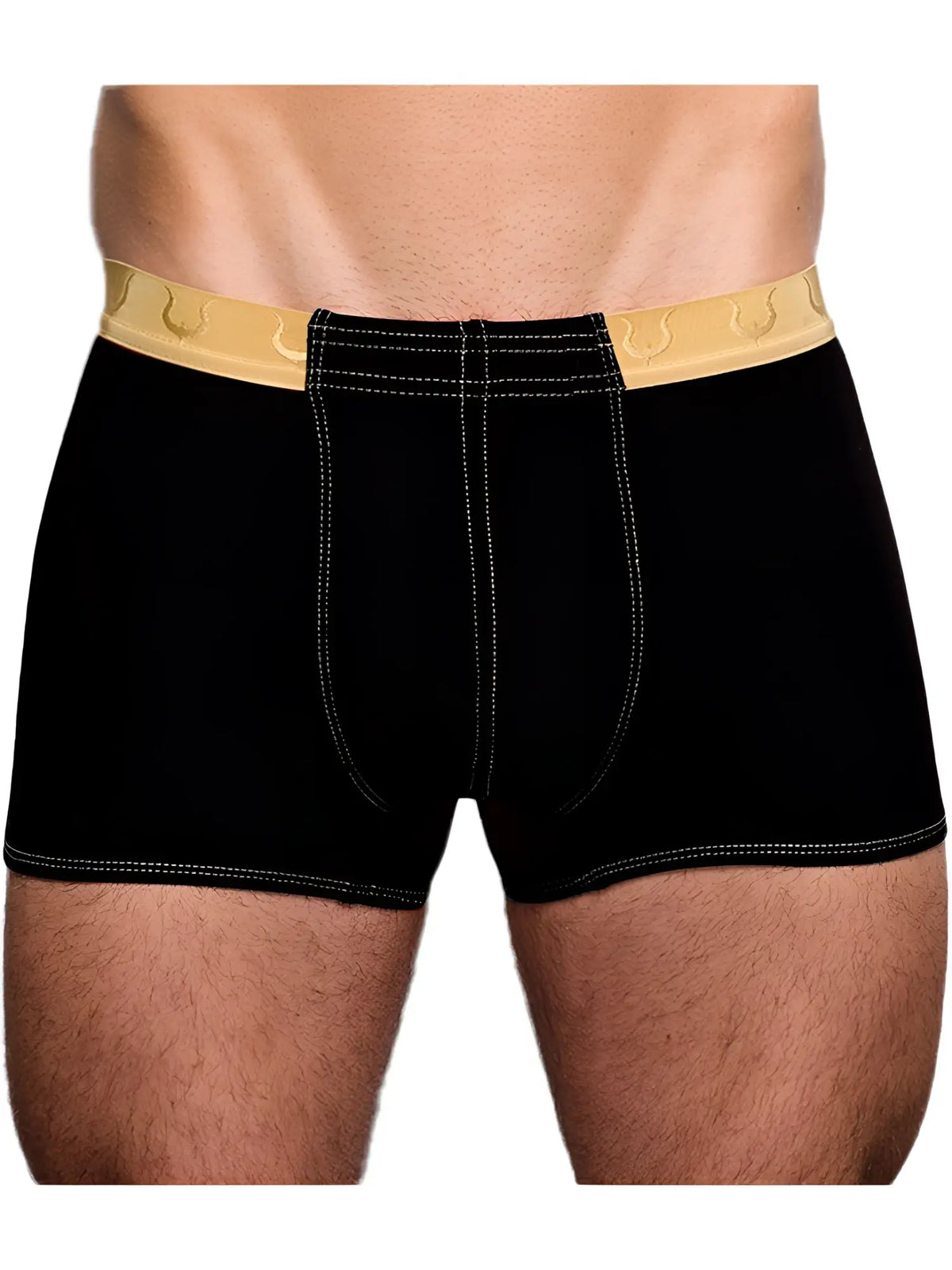 Black boxer briefs tartarus monaco trunk with gold elastic waistband featuring horseshoe patterns and white stitching