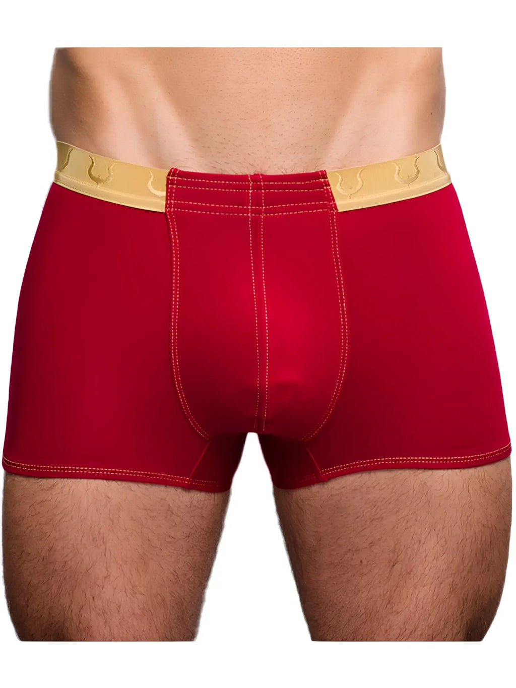 Red boxer briefs tartarus monaco trunk with gold horseshoe waistband and white stitching designed for comfort