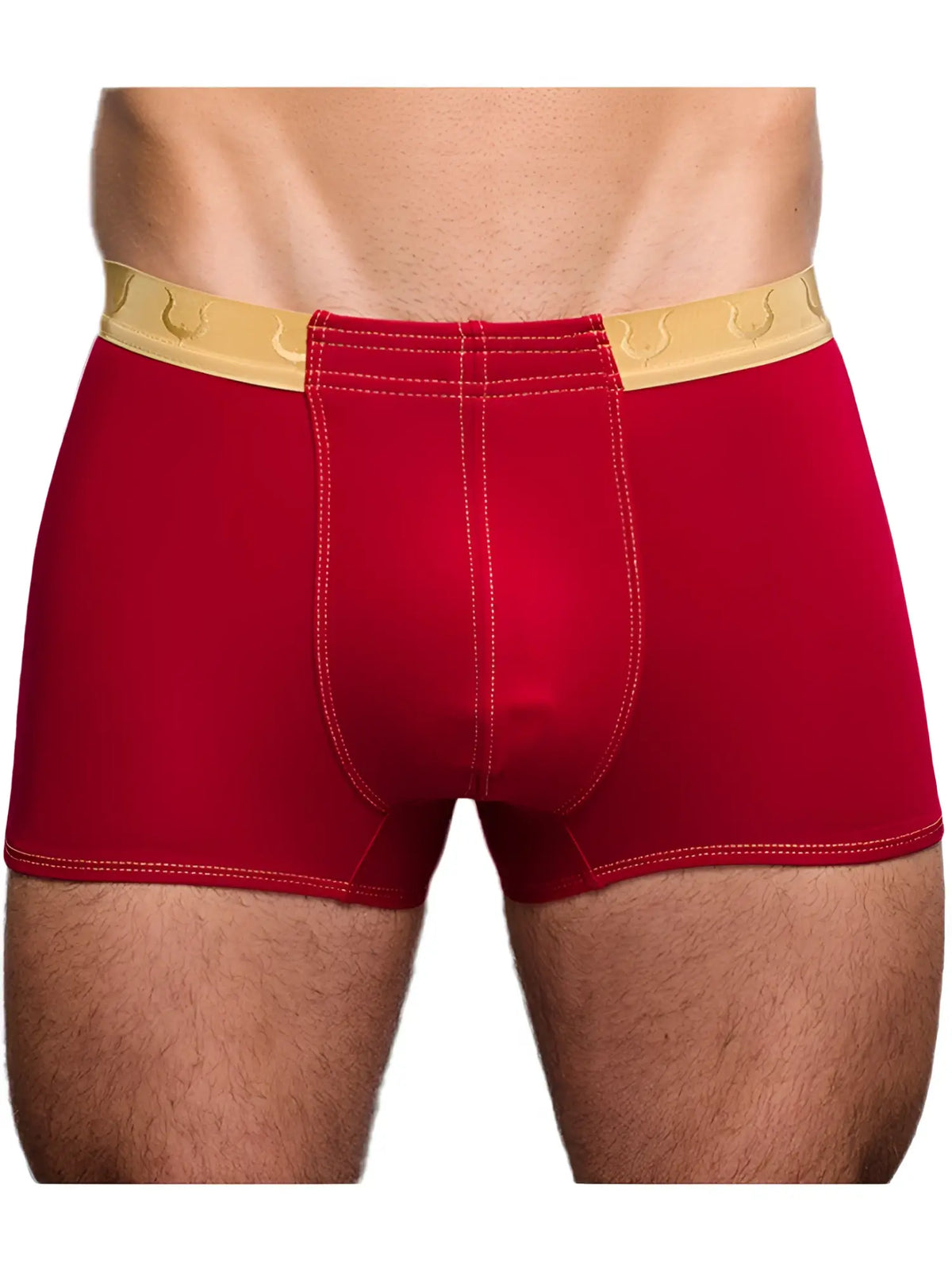 Red boxer briefs tartarus monaco trunk with gold horseshoe waistband and white stitching designed for comfort