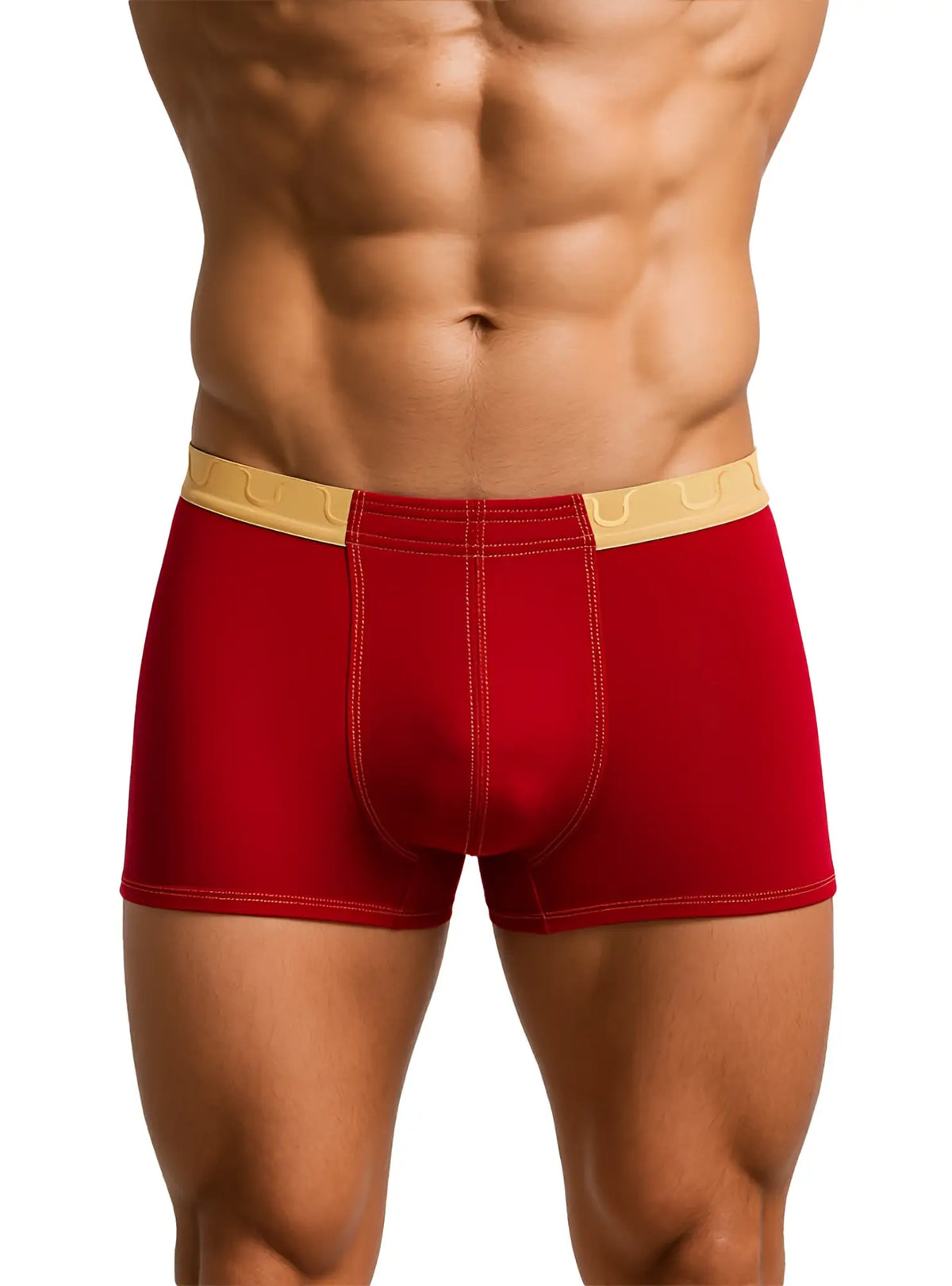Red boxer briefs tartarus monaco trunk with tan elastic waistband featuring subtle logo pattern