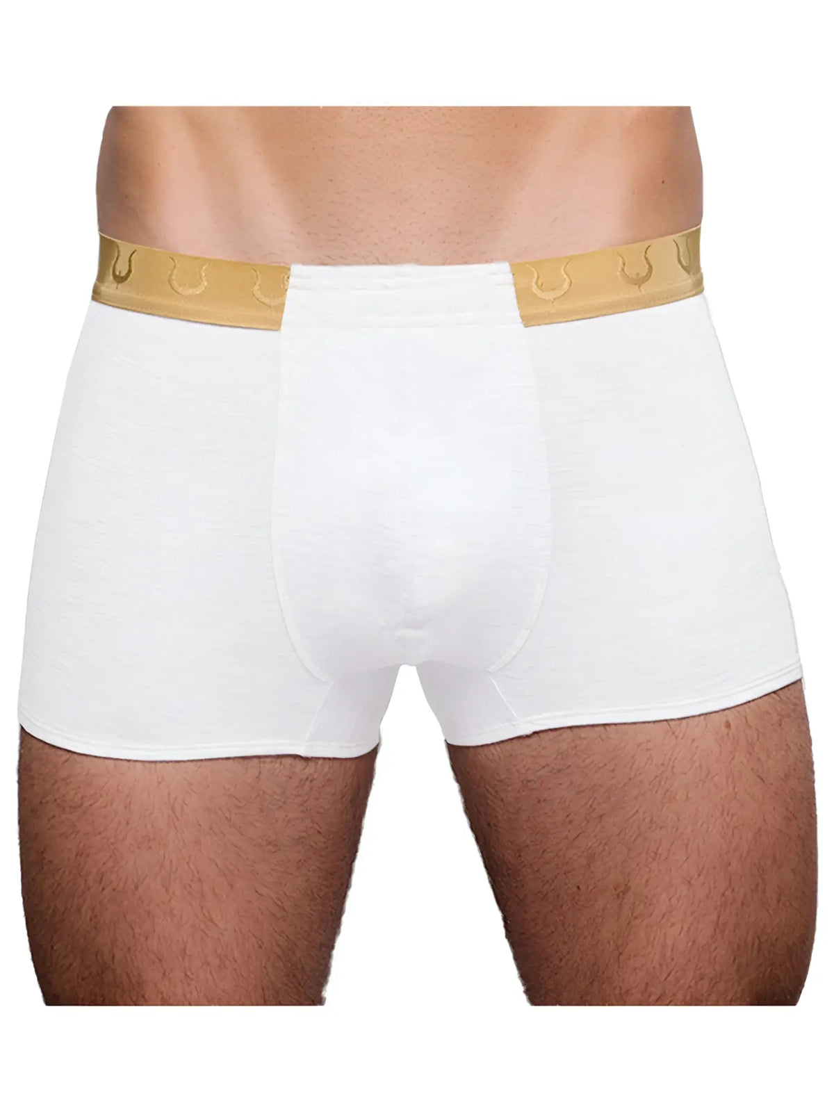 White boxer briefs tartarus monaco trunk with gold elastic waistband embossed with horseshoe patterns