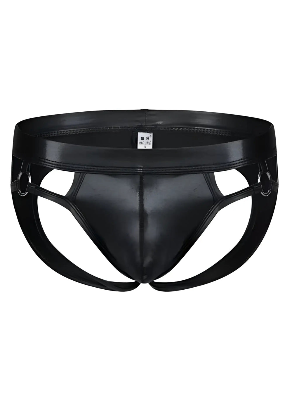 Black patent leather tartarus ring jockstrap briefs with glossy finish and metal ring reinforced side straps