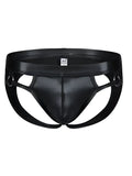 Black patent leather tartarus ring jockstrap briefs with glossy finish and metal ring reinforced side straps