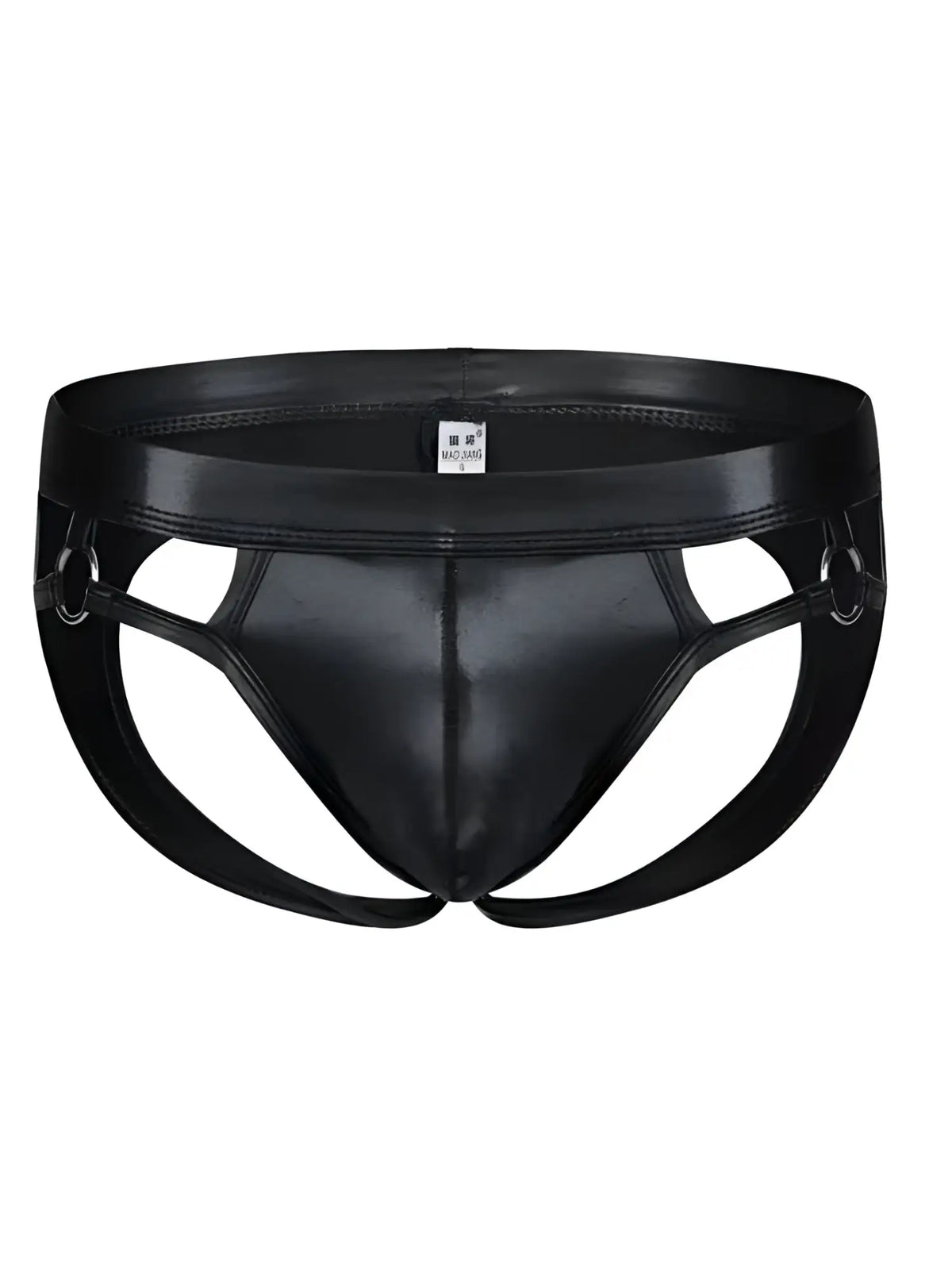 Black patent leather tartarus ring jockstrap briefs with glossy finish and metal ring reinforced side straps
