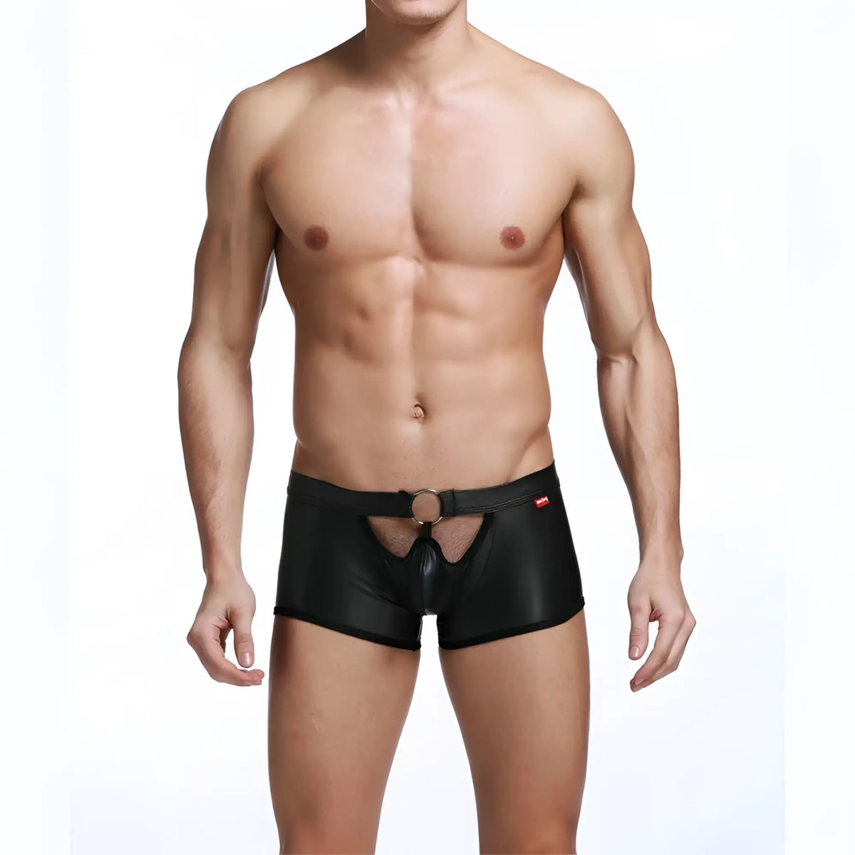 Black shiny faux leather menâ€™s briefs tartarus ring trunk with central cutout and metal ring at the waistband